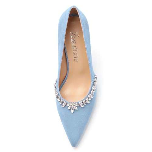 Womens Pumps, Suede Slip-on Pointed Toe High Heel Pumps Rhinestones Evening Party Dress Shoes for Women 3.35 Inch3