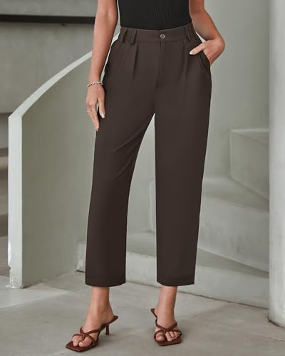 GRAPENT Capri Dress Pants for Women High Waisted Pleated Lightweight Straight Leg Elastic Wasit Crop Trousers Work Pants - Image 5