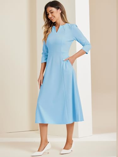 Image of Allegra K Womens 3 /4 Sleeve A-Line Business Work Formal Midi Dress | Elegant Dresses with Pockets, V Neck, Cockatail Party Church Funeral Outfits, Spring Fall Winter