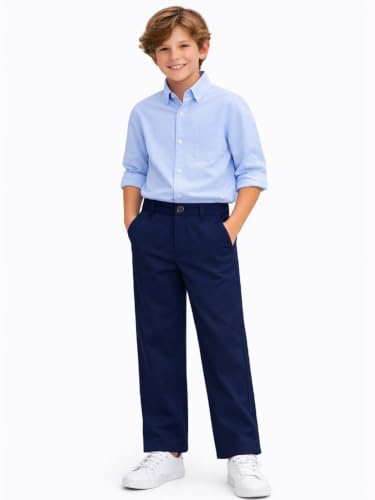 Image of HILEELANG Boys Chino Pants School Dress Pants Straight Leg with Pockets | Cotton Blend Fabric, Elastic Back Waist, Classic Chino Style, Side Pockets, Perfect for School Uniforms and Everyday Wear