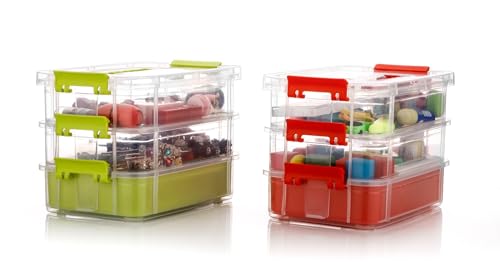 Shuttle Art 3-Tiers Stack Carry Storage Box With Handle, Transparent Stackable Storage Bin With Handle Lid Latching Storage Container for School & Office Supplies