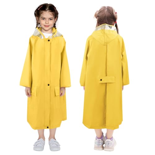 LAMA Kids Raincoat with Hood, Lightweight Raincoat for Girls, Kid Long Rain Jacket, Waterproof, Windproof, Durable, Reusable Girl Rain Coat for Rain Day (Yellow, L)