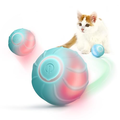 Baytion Interactive Cat Toy Ball, Cat Balls Automatic Moving Bouncing Rolling Cat Toys for Indoor Cat Kitten with Light, 2 Modes, Extended Playtime，Rechargeable, Blue