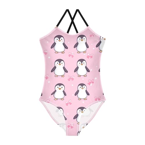 Cute Penguins Girls One Piece Swimsuits Bow Pink Sport Halter Swimwear Beach Bathing Suit 3T