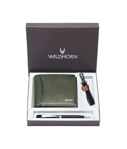 WildHorn Gift Hamper for Men I Leather Wallet, Keychain & Pen Combo Gift Set I Gift for Friend, Boyfriend,Husband,Father, Son etc (Green M)