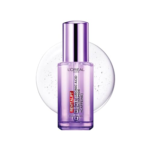 L'Oréal Paris Revitalift Hyaluronic Acid Eye Serum, 2.5% Hyaluronic Acid and Caffeine, Cooling triple bead applicator, Visibly Replumps, Brightens and De-Puffs Eyes, Validated by Dermatologists – 20ml