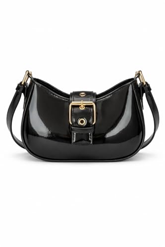 Image of Korean Style Leather Shoulder Bag with Buckle Glossy Finish Crossbody Purse for Daily Use Travel & Shopping Phone Purse with Adjustable Strap Lightweight Trendy Bag for Girls