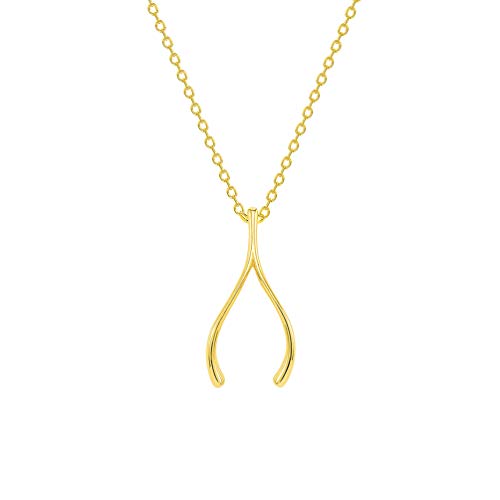 Jewelry America Solid 14k Yellow Gold Good Luck Wishbone Protection Necklace with Lobster Claw Clasp (16