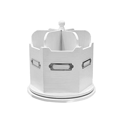 Spinning Desktop Stationary Organizer - Decorative Wooden Rotating Pen and Pencil Cup - Elegant 6 Compartment White Desk and Table Top Office Supplies Station with Labels- by Designstyles Cover