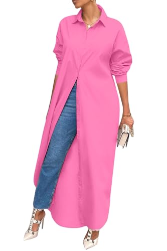 Choichic Shirt Dresses for Women Casual Long Sleeve Collared Solid Color Loose Button Down T Shirts Dress Plus Size Maxi Dresses X-Large Pink
