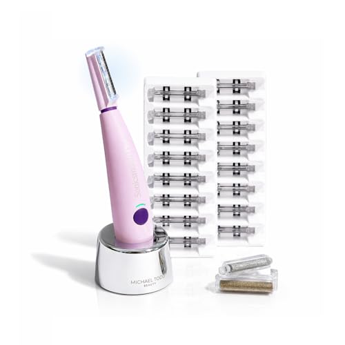 Michael Todd Beauty Sonicsmooth Pro+ Dermaplane Razor for Women Face + Eyebrow Trimmer Dermaplaning System w/LED Light Peach Fuzz Remover -16 Dermaplaning Blades & 2 Microsmooth Exfoliation Tips
