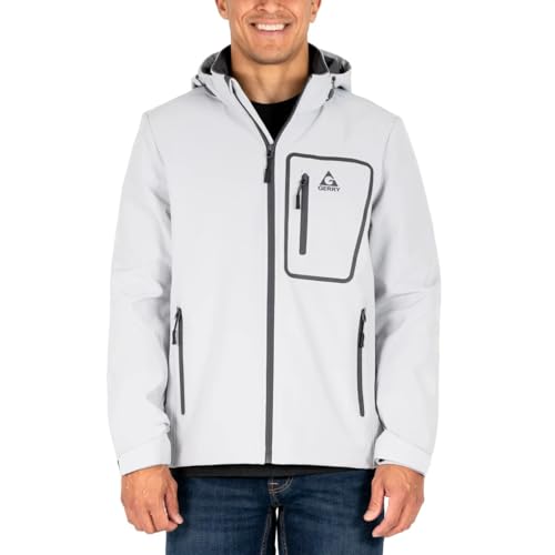 Gerry Mens Softshell Jacket Water & Wind Resistant Adjustable Hood & Cuffs Heavyweight Outdoor Coat (Gray Large)