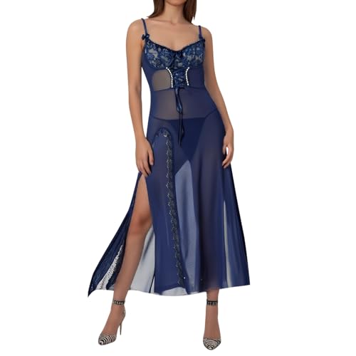 Perchas para lencería sexy de encaje, camisón, tanga, conjunto de dos piezas de lencería caro de gran tamaño, azul marino, XL