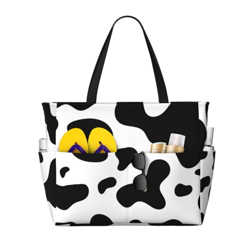 Peau de vache noire et blanche grand sac de plage pour femme pratique