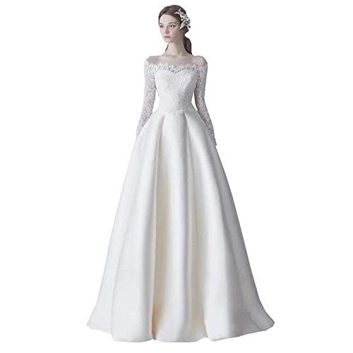 Abito da Sposa con Spalle Scoperte da Donna Abito da Sposa in Raso Ricamato in Pizzo Lunghezza Al Pavimento Abito Grazioso, L-F, bianco, XS