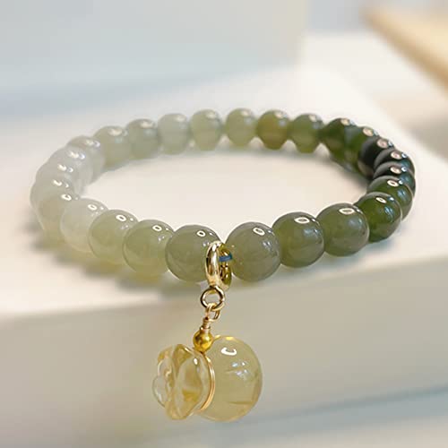 風水 富 ブレスレット ナチュラル ヘティアン ネフライト 翡翠 ブレスレット マネーバッグ ペンダント ブレスレット 翡翠 お守り 幸運 幸運 チャーム ブレスレット 女性用 グリーン翡翠ブレスレット, 14-16cm (5.5-6.3 inches),