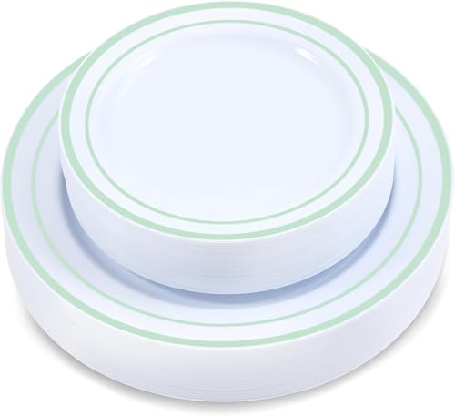 Image of Crystal Ridge Tableware 60 Pieces White Plastic Disposable Plates - Premium Heavy-Duty 30 Dinner Plates & 30 Salad Plates with Mint Green Rim Ideal for Party, Birthday and Special Events