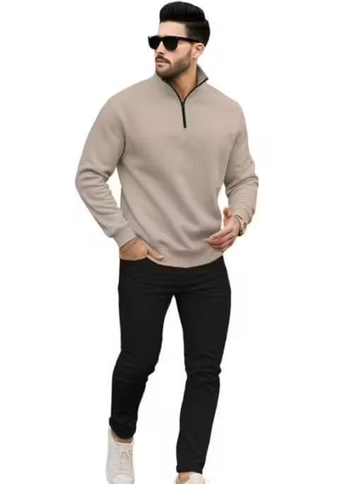 Mens Half Zip High Neck Fleece Sweatshirt Full Sleeve Casual Winter Pullover Everyday Comfortable Top Beige S-picture-20