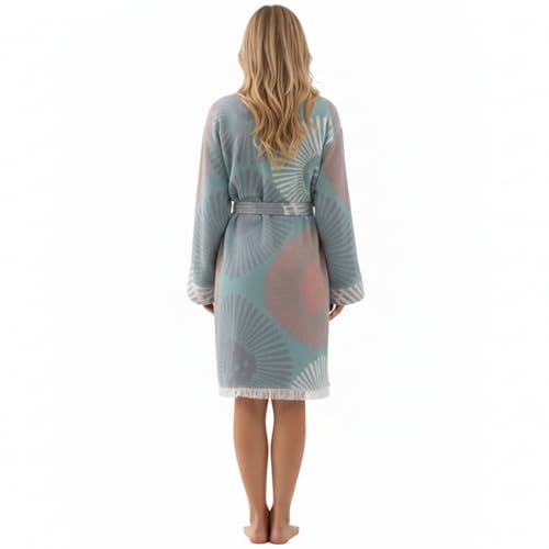 Image of Hand Block Print Organic Turkish Cotton Waffle Fabric Blue Bathrobe For Women's Ultra-Soft & Lightweight After Bath Spa Bathrobe Grey | Highly Absorbent