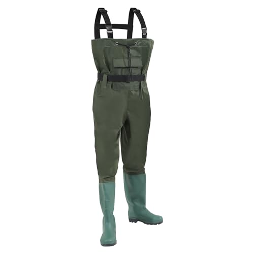 Jiubiaz Wathose Herren Wasserdicht，Anglerhose Nylon，Atmungsaktive PVC Wathose，fischerhose mit stiefelund Haken,Watstiefel Hose geeignet für Angeln,Autowäsche, Bauernhof(EU 43)