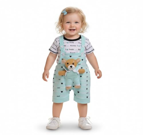 Image of A.T.U.N. (ALL THINGS UBER NICE) Baby Girls Cotton Denim Dungaree Set with 3D Teddy Bear Design |Printed T-Shirt with Adjustable Straps | Stylish & Comfortable Daily Outfit for Baby Unisex