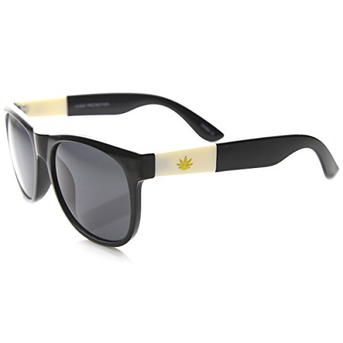 zeroUV Classic Shape Gold Detailed Marijuana Weed Leaf Horn Rimmed Sunglasses (Ivory Leaf | Shiny Black/Smoke)3