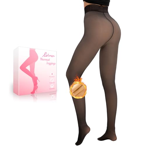 HONGTEYA Fleece Lined Tights Women Winter Thermal Leggings Pantyhose Fake Translucent Thick Warm Sheer Tights (US, Alpha, Small, Regular, Petite, Fake Translucent Black-pantyhose)
