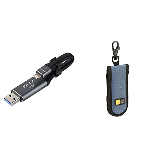 PNY 64GB Duo Link iOS USB 3.0 OTG Flash Drive for iPhone & iPad and Computers - External Mobile Storage for Photos, Videos, and More & Case Logic JDS-2 USB Drive Shuttle 2-Capacity (Black/Blue)