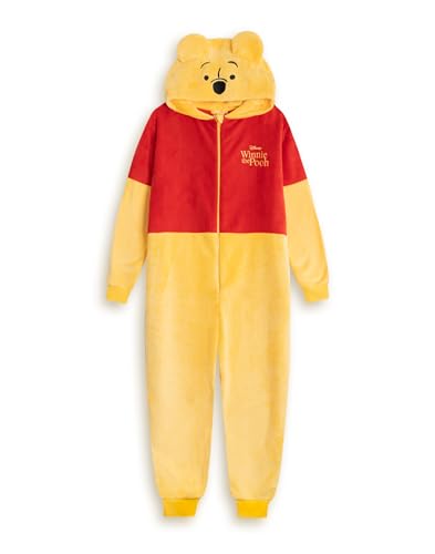 Disney Winnie Puuh Damen-Einteiler mit Reißverschluss in Gelb und Rot | Langärmlige Loungewear mit Kapuze aus kuscheligem Fleece |...
