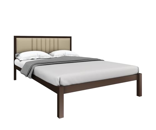 Image of Homdec Venus Wall-Supported Upholstered Headboard Metal Bed (Brown, Double)