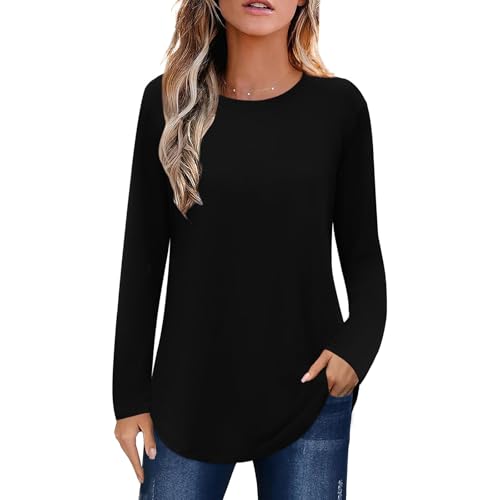 Elesomo Womens Long Sleeve Shirts Crew Neck Tshirts Casual Longline Top Fall, Black L