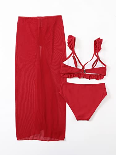 WDIRARA Girl's 3 Pieces Ruffle Trim Bikini Swimsuit with Split Beach Skirt2