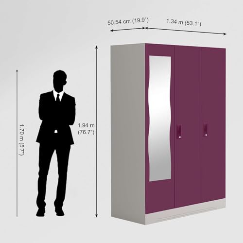 Image of Interio by Godrej Almirah Slimline 3-Door Steel Almirah, Cupboard for Clothes (Purple), 1-Year Warranty, 7 Shelves, 1 Locker, Curvilinear Mirror