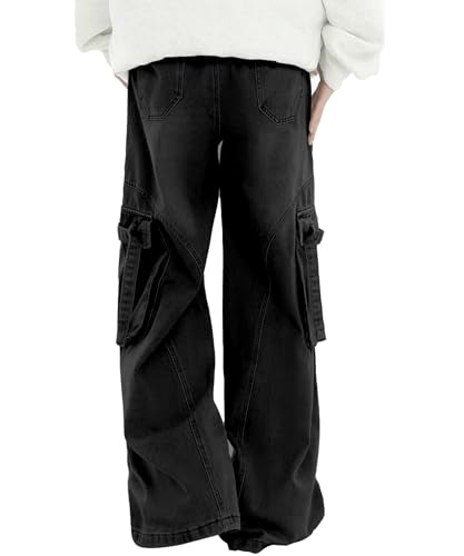 Bakyarder Men's Vintage Washed Cargo Jeans, High Waist, Baggy Wide Leg, Unisex Streetwear with Multiple Pockets