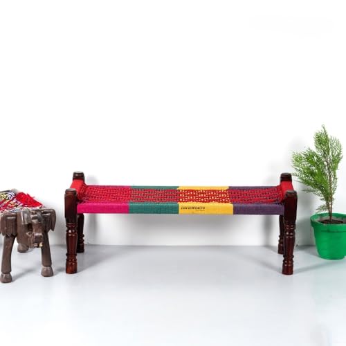 Image of Wooden Bench for Seating | Handcrafted Sheesham Wood Bench for Living Room, Balcony & Garden | Traditional Patio for Outdoor with Cotton Handwoven Rope | Colorful 002