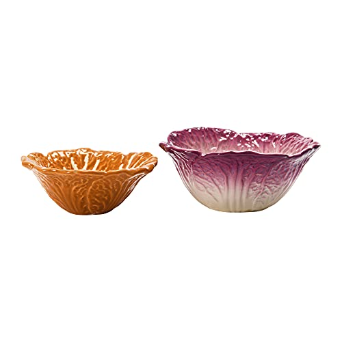 Creative Co-Op Hand-Painted Set Of Cabbage Shaped Stoneware Bowls, Set Of 2,Orange & Purple #TOP2
