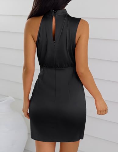 ZESICA Women's 2025 Fashion Satin Sleeveless Halter Neck Tie Waist Wrap Bodycon Cocktail Party Mini Dress4