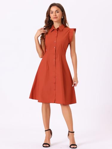 Image of Allegra K Women's Ruffled Sleeve Casual Office Dress Tie Waist Button Down Cotton Shirt Dresses
