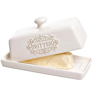 Covered Butter Dish with Lid – Elegant Engraved Butter Holder with Lid – Ceramic Butter Stick Holder Tray Holds Any Size Stick – Decorative Butter Keeper Container for Countertop & Fridge – 7.7″ x 4″