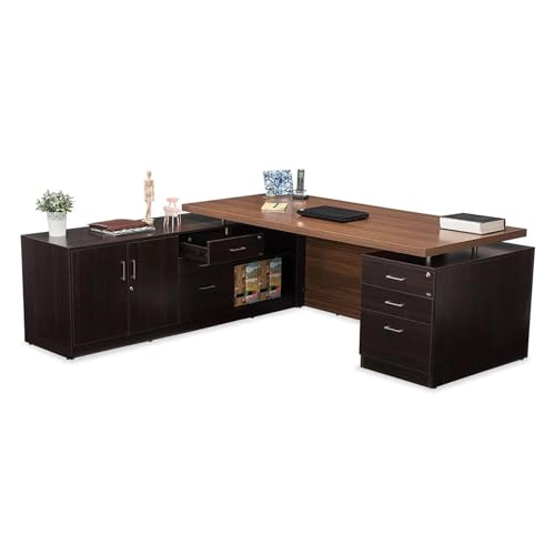 Image of Lakdi The Furniture Co Director L Shape Table Made in Particle Board and Metal SS Piller and Luxury Modern CEO Desks and MDF Modestery with Matte Finish & Computer Workstation- Classic Walnut-LDL-557