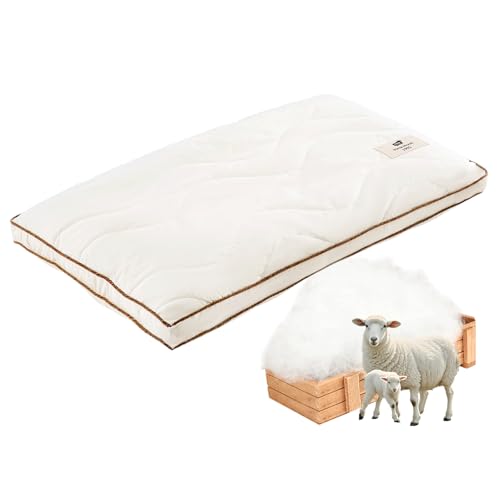 YOUR MOON Soft Organic Wool Pillow Queen, Flat & Thin Wool Pillow for Sleeping, Low-Loft Bed Pillows for Back and Stomach Sleepers, Breathable Soft Cotton Cover(Off White) Off White-soft Que