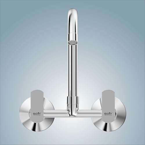 Image of Gloxy Premium Brass 2 in 1 Water Faucet with 360 Swivel Spout - Chrome Finished Wall Mount Hot & Cold Heavey Water Mixer Faucet with Riva Levers for Bathroom & Kitchen - 10 Years Warrenty