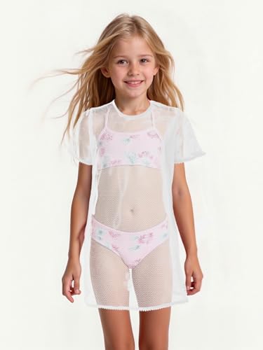 Image of Girls Swim Cover Up Kids Short Sleeve Beach Bathing Suit Bikini Cover Wraps With Pom Pom Trim 4-13 Years