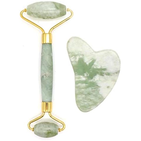 Poshieca Natural Stone Face Roller and Gua Sha Set –100% Real Stone Facial Tool, Anti Aging Face Roller – Face Massager, Aging Wrinkles, Puffy Eyes (Green Combo) Cover
