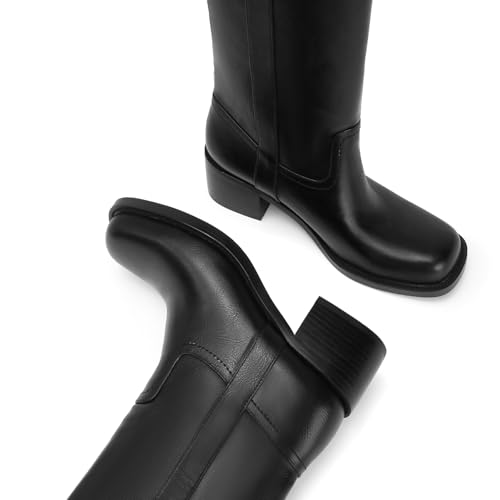 Image of Gothictor Women's Banana Knee High Boots Square Toe Chunky Block Heel Comfortable Low Heel Pull on Wide Calf Riding Long Boots for Women
