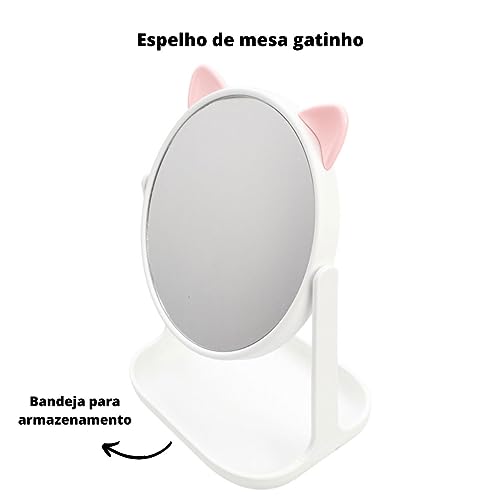 Espelho Redondo Gatinho Branco Maquiagem De Mesa Com Bandeja Para Acessórios Cosméticos Decorativo P