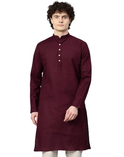 Image of Majestic Man Men's Cotton Regular Fit Casual Mandarin Collar Ethnic Motifs Solid Long Kurta
