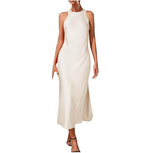 Satinkleid für Damen, Sommer, lässig, schmal, Neckholder, ärmellos, Schlitz, Midi-Kleid, elegant, Hochzeitsgäste, Seidenkleid, beige, S