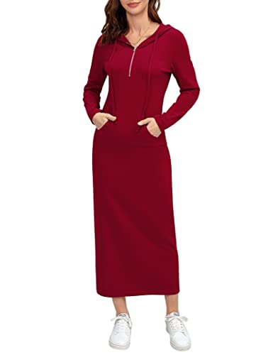 Image of MISSKY Women Casual Pocket Quarter-Zip Neck 3 /4 Sleeve Slim Split Pullover Hoodie Maxi Dress