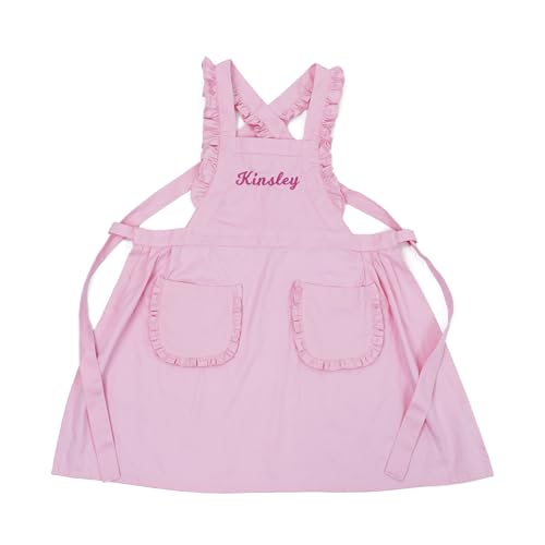 MT WORLD Kids Aprons for Girls Personalized Toddler Aprons Ruffle Cross Back with Pockets Cooking Pinafore Art Smock for Kids Cooking Baking Painting Crafting Art BBQ Christmas Gifts (Pink,Small)